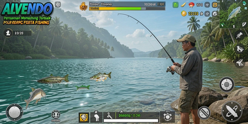 Screenshot ALVENDO menampilkan pengalaman seru memancing di berbagai lokasi.