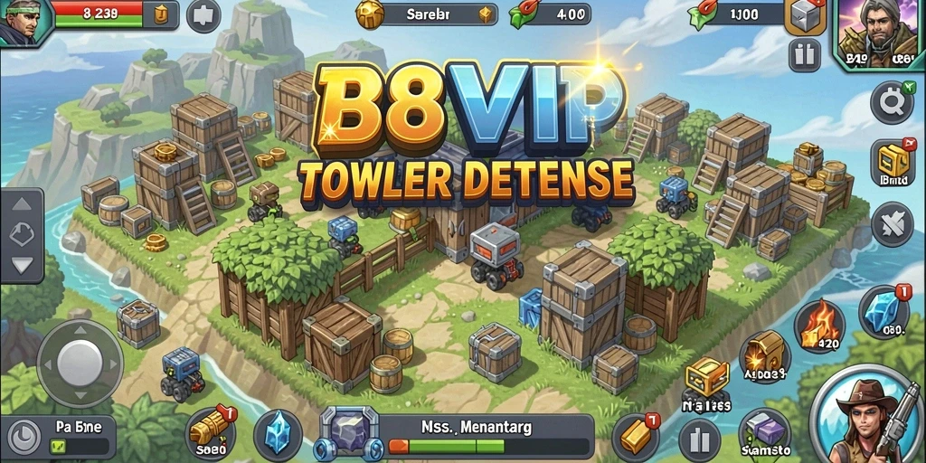 Screenshot gameplay B8VIP yang menunjukkan menara beraksi melawan musuh.