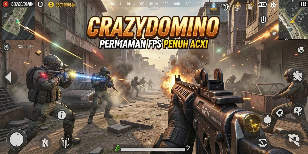 Tampilan mendebarkan gameplay CRAZYDOMINO saat aksi tembak-menembak.