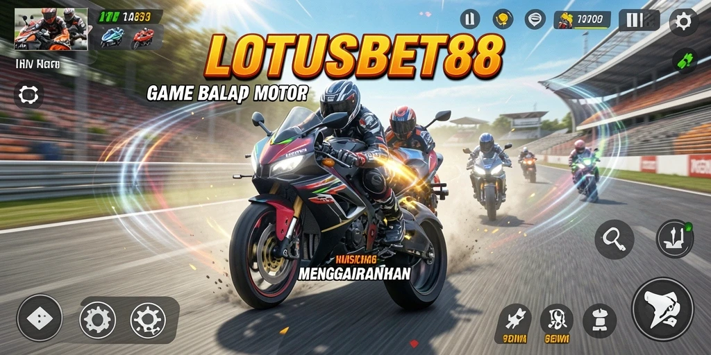 Screenshot LOTUSBET88 menampilkan aksi balap motor yang mendebarkan.