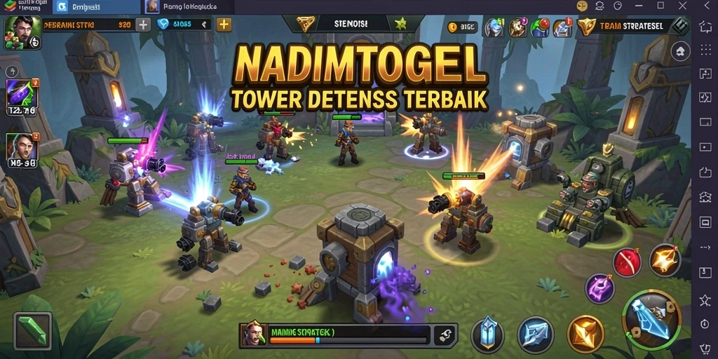 Screenshot gameplay menampilkan menara bertahan di medan perang.