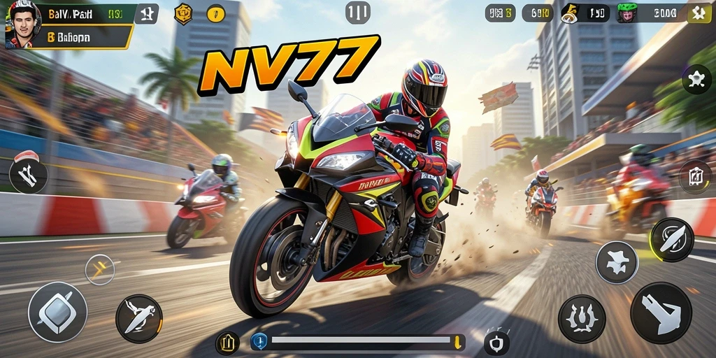 Gameplay NV77 menampilkan balapan motor yang seru dan kompetitif.